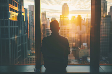 A man watching the sunset from a building