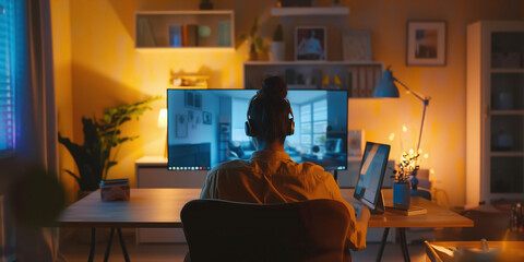 A woman working late from home