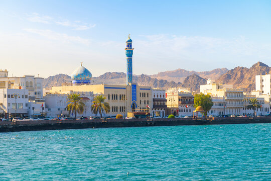 Corniche view of the Al-Rasool Al-A'dham Mosque along the waterfront Mutra Corniche promenade in Muscat, Oman, NOvember 11 2022.