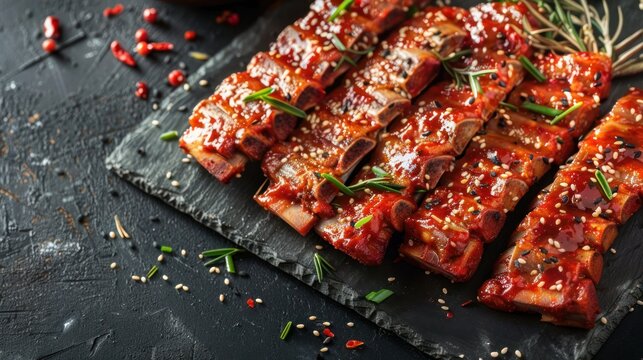 Tasty homemade marinated spareribs barbeque grilled food. AI generated image