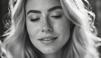 A blond white girl with freckles smiling with closed eyes, generative ai