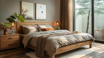 Modern Bedroom Interior with Wooden Furniture and Large Window