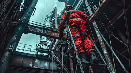 A man in workwear with a red jumpsuit, helmet, and engineering tools stands on a ladder in a building amidst the city's steel and metal structures. AIG41. - Powered by Adobe