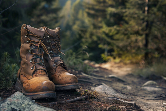 a well-loved pair of boots on a rugged trail, symbolizing adventure and the beauty of wear and tear
