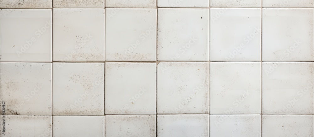 Poster close up of a white rectangle tile wall made of composite material, creating a symmetrical pattern w