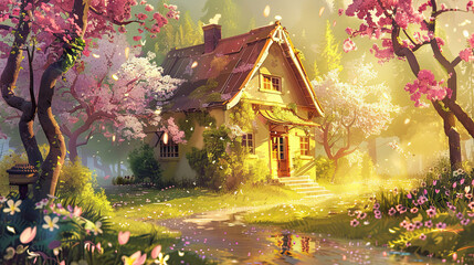 Cozy house under the trees in spring smooth repeating.