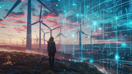 holographic screen Human controls the system Wind turbines produce electricity.