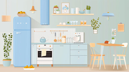 Interior of luxury comfortable kitchen room, Modern furniture with utensils, shelves with crockery and plants, refrigerator and table in simple minimal dining room.