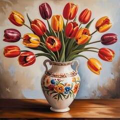 Vintage style illustration of colorful tulips in decorative vase.