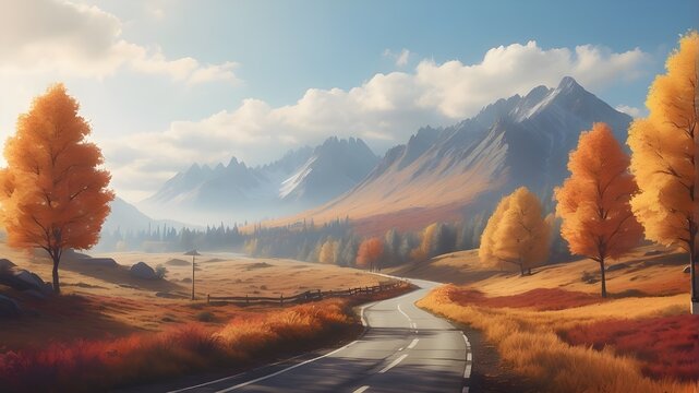 English road leading to autumn mountain scenery, fictional landscape made with generative AI. The image should depict a winding road stretching into the distance, flanked by vibrant autumn-colored tre