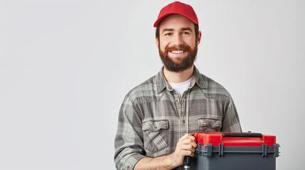 Portrait of Electrician holding tool box isolated on white background.