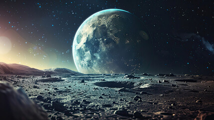 Space shutter on the moon on the surface of the planet, moon with perspective and planet earth globe in the background for astronomy concept as a wide banner.