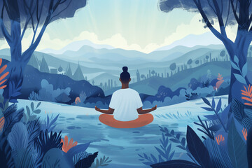 illustrated concept of an afro girl meditating in nature