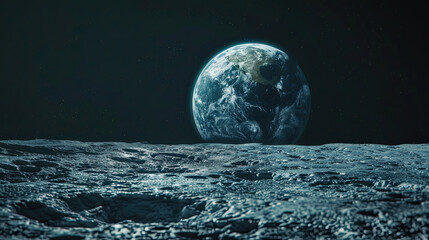 Space shutter on the moon on the surface of the planet, moon with perspective and planet earth globe in the background for astronomy concept as a wide banner.