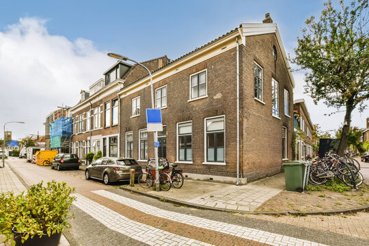 Tranquil street with traditional brick houses and bicycles