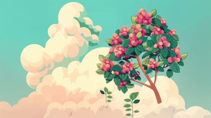 Foto op Plexiglas Majestic cumulus cloud in the sky with flowering strawberry tree with curved branches and vibrant green leaves created with Generative AI Technology © Generative Plants