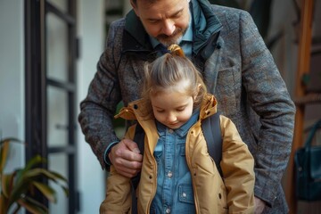 Fototapeta premium A thoughtful father aids his daughter with her backpack and coat, preparing her for school