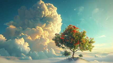Majestic cumulus cloud in the sky with flowering strawberry tree with curved branches and vibrant green leaves created with Generative AI Technology - obrazy, fototapety, plakaty