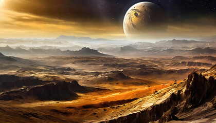 The surface of an unexplored distant planet with an apocalyptic lifeless lunar desert landscape