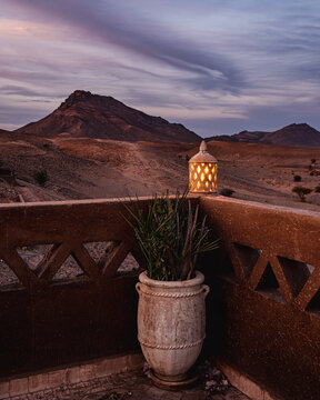 Sunset over the desert dunes in Zagora, Morocco.