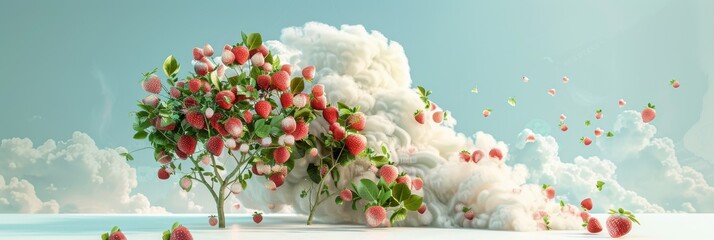 Majestic cumulus cloud in the sky with flowering strawberry tree with curved branches and vibrant green leaves created with Generative AI Technology