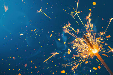 Abstract burning sparkler Beautiful fireworks over blue background 
