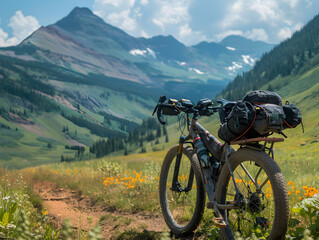 Fototapeta premium Bicycle with bikepacking gear with beautiful nature in the background