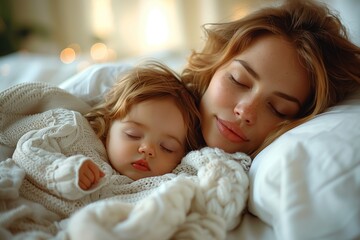 The woman and the baby are peacefully sharing the bed, finding comfort in each others presence. The toddler looks happy, enjoying the warmth of a fun and loving environment - Powered by Adobe