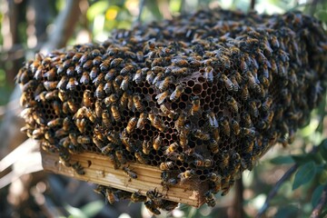 Close up of swarming bees on exposed honeycomb hanging from branch, showcasing the intricacies of a bee colony