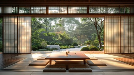 Fototapeta premium Traditional Japanese Tea Room Overlooking Zen Garden at Sunset