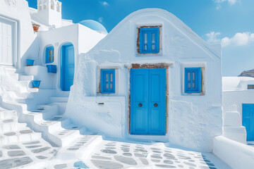 Beautiful Mediterranean architecture in traditional Greek style with white and blue buildings and stone staircases