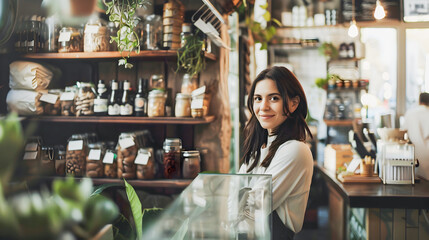 Woman Smiling Behind Counter at Organic Food Store - obrazy, fototapety, plakaty