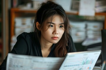 A worried woman looks at financial statements on a computer concerned about investing in a growing market. Concept Investment Decisions, Financial Planning, Market Analysis, Economic Concerns