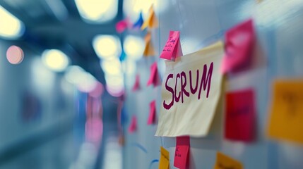 Scrum Agile business board with a sticky note with the word "Scrum"
