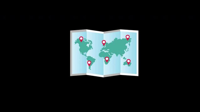 A map of the world with red pointers icon concept animation with alpha channel