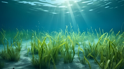 Obraz premium Sunlight shining through underwater landscape and seabed covered with green seaweed