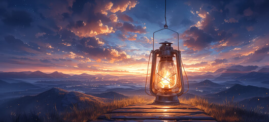 A lantern that lights the path to lost memories, glowing brighter as forgotten moments near - obrazy, fototapety, plakaty