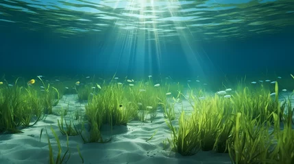 Foto op Plexiglas Sunlight shining through underwater landscape and seabed covered with green seaweed © Derby