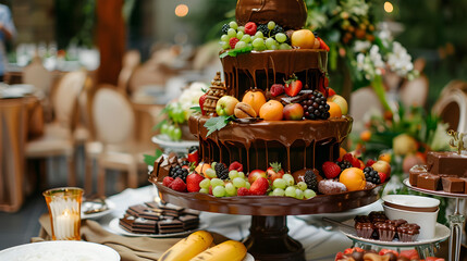 Chocolate Fountain And Fruits For Dessert At Wedding Table	
