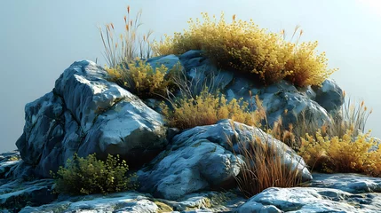 Foto op Aluminium Isolate savanna dry grass meadow shrubs with rocks on transparent backgrounds 3d render png © emmy