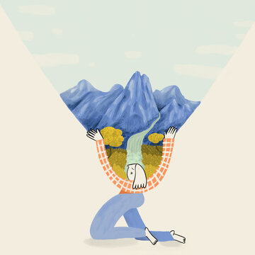 Surreal illustration of person holding a mountain landscape