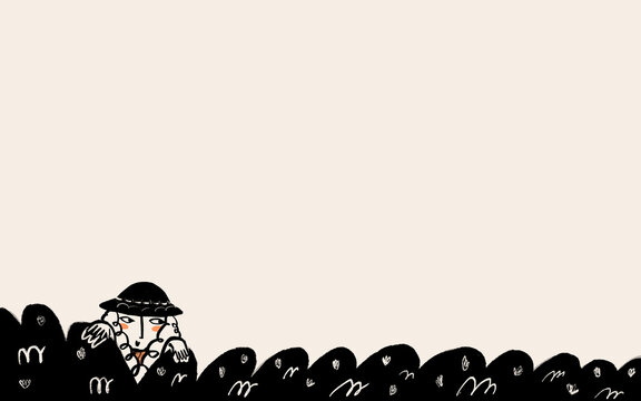 Minimalist person peeking from abstract shapes