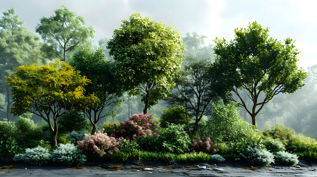 Tropics greenery forest trees group lined landscape on transparent backgrounds 3d rendering png