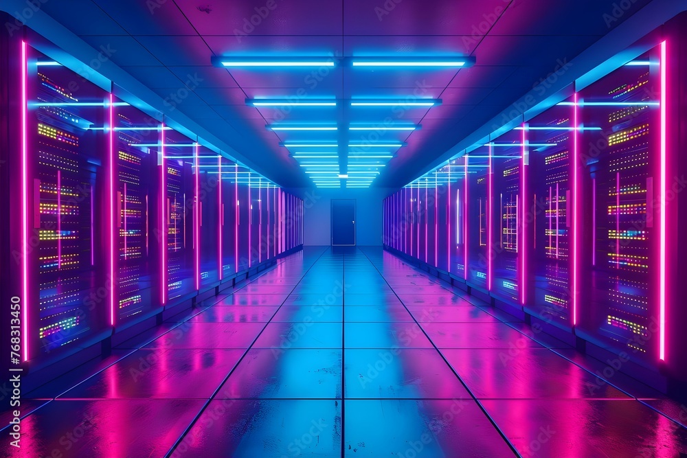 Poster vibrant neon lighting in a highcapacity data center illuminating rows of computing equipment for int