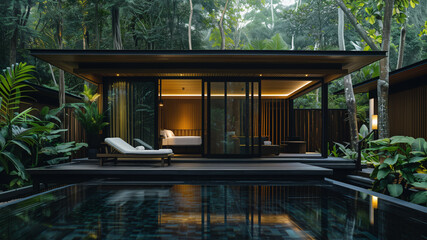 Luxury villa with swimming pool surrounded by palm trees and exotic plants in the rainforest.
