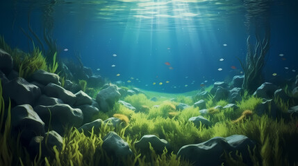 Obraz na płótnie Canvas Sunlight shining through underwater landscape and seabed covered with green seaweed