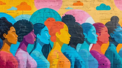 Naklejka premium A bright minimalist mural depicting diverse body shapes and sizes in a positive