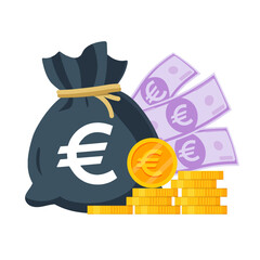 Euro Currency Vector Illustration. Euro money. Coins, Bag and Banknotes are isolated from each other.