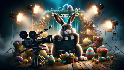Easter bunny movie set with colorful eggs - obrazy, fototapety, plakaty