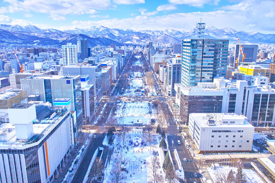 冬の北海道札幌市、さっぽろテレビ塔から見た雪まつり会場で賑わう大通公園の風景
